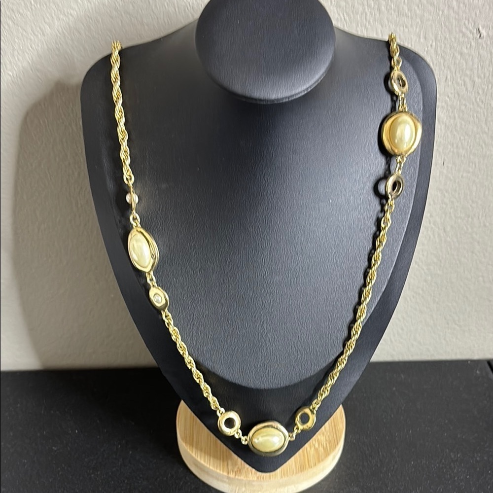 Talbots Long Station Faux Pearl Rope Chain Necklace Classy Gold Tone